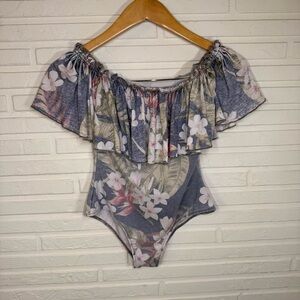 Chaser Blue Vintage Floral Off-Shoulder Bodysuit, Women’s Size Small
